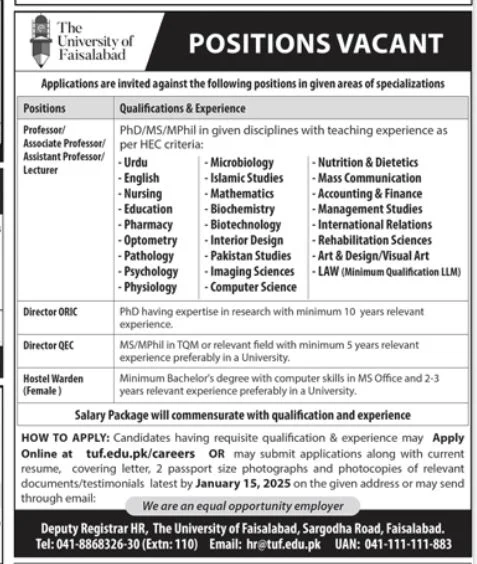 Professors, Directors, and Hostel Warden Career Opportunities at The University of Faisalabad