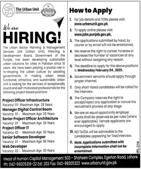 Project Officer, Manager, Software Developer And More Jobs At Urban Sector Planning & Management Services Unit (Urban Unit) Lahore 2025