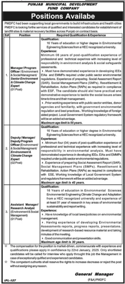 Punjab Municipal Development Fund Company (PMDFC) 2025 Positions Open For Development Projects