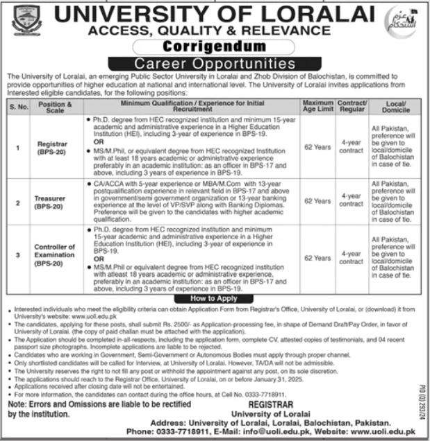 Registrar, Treasurer, and Controller Roles Jobs at the University of Loralai 2025