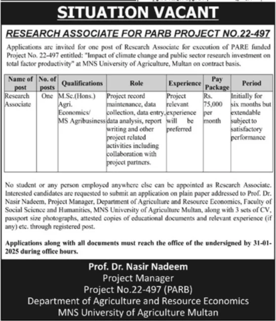 Research Associate Job at MNS University of Agriculture Multan 2025