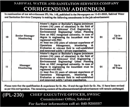 Sahiwal Water and Sanitation Jobs Update – Senior Manager & Manager Monitoring 2025