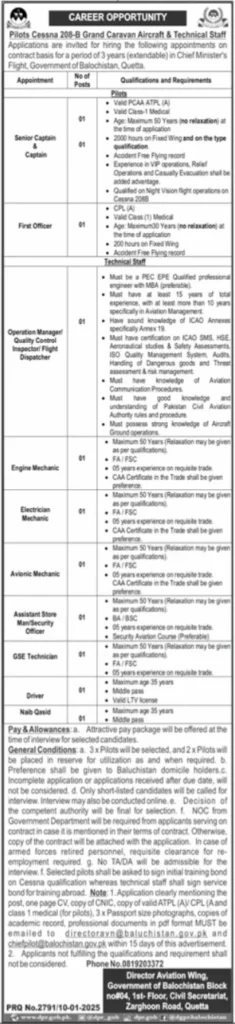 Senior Captain & Pilot Positions Available at Chief Minister's Flight Division Balochistan 2025