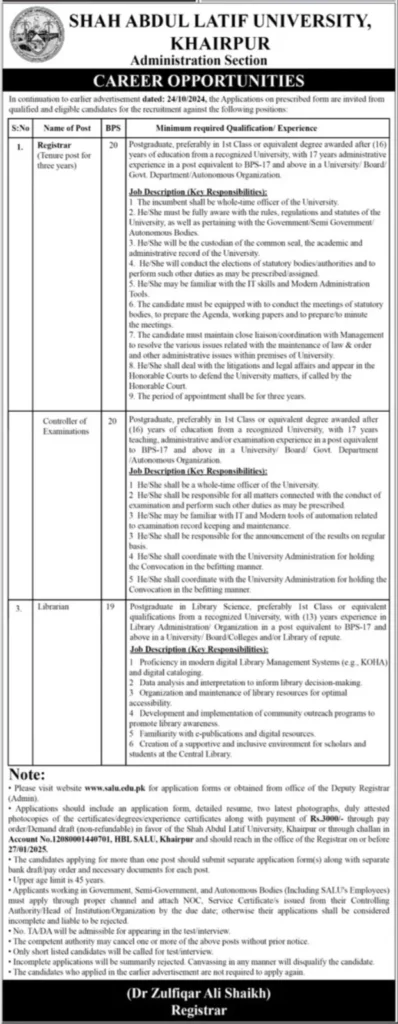 Shah Abdul Latif University Khairpur Jobs for Registrar, Librarian, & Exam Controller 2025