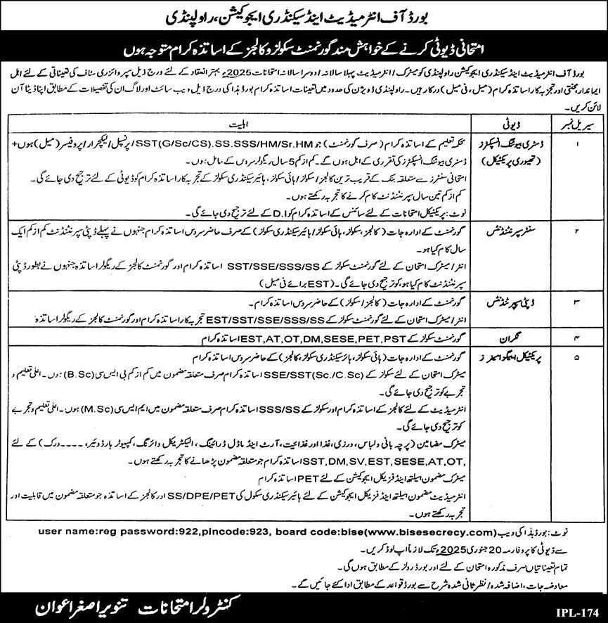 Teachers Wanted for BISE Rawalpindi Exams 2025 – Eligibility & Application Details