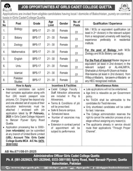 Teaching Jobs at Girls Cadet College Quetta – Apply for Biology, Mathematics, and More 2025