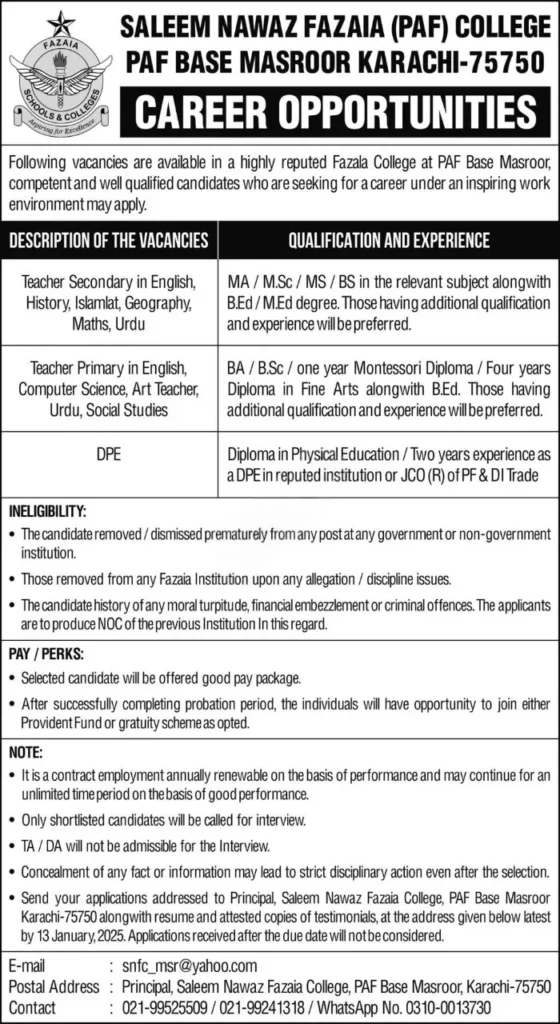 Teaching Jobs at Saleem Nawaz Fazaia College PAF Base Masroor Karachi