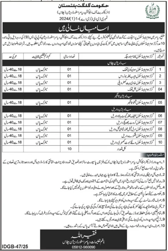 Teaching Jobs for Women in Gilgit-BaltistanDirectorate of Education, Diamer-Astore Division (Chilas) 2025