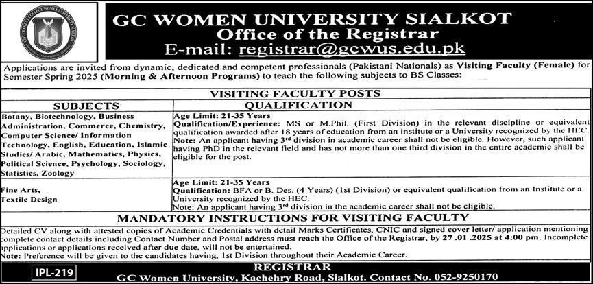 Teaching Opportunities at GC Women University Sialkot – Spring 2025