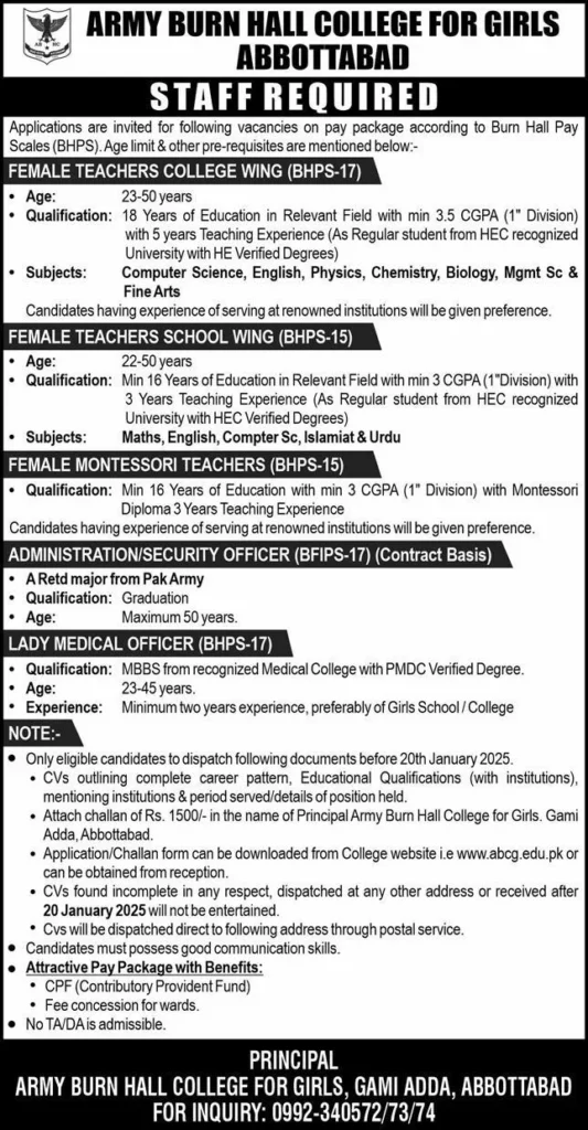 Teaching and Administrative Jobs at Army Burn Hall College for Girls, Abbottabad 2025