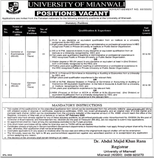 University of Mianwali Job Vacancies 2025