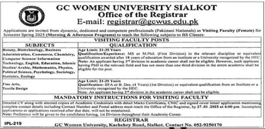 Visiting Faculty Positions Spring 2025 at GC Women University Sialkot 2025