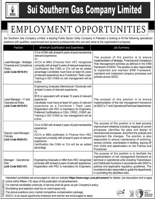 Sui Southern Gas Company SSGC Careers 2025 – Latest Job Openings in Pakistan