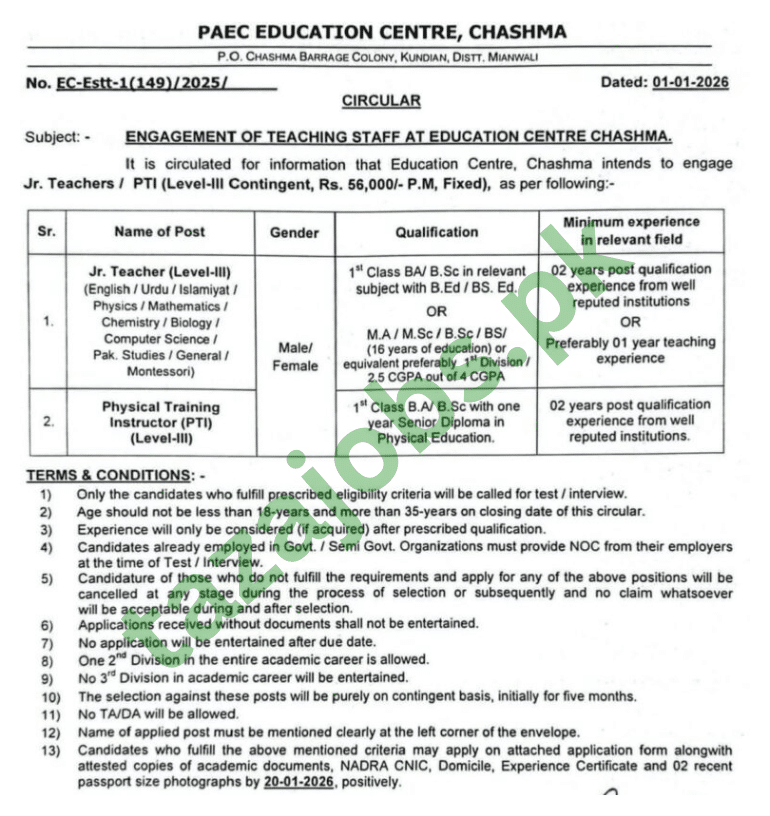 Latest Government Teaching Jobs 2026 in PAEC Education Centre