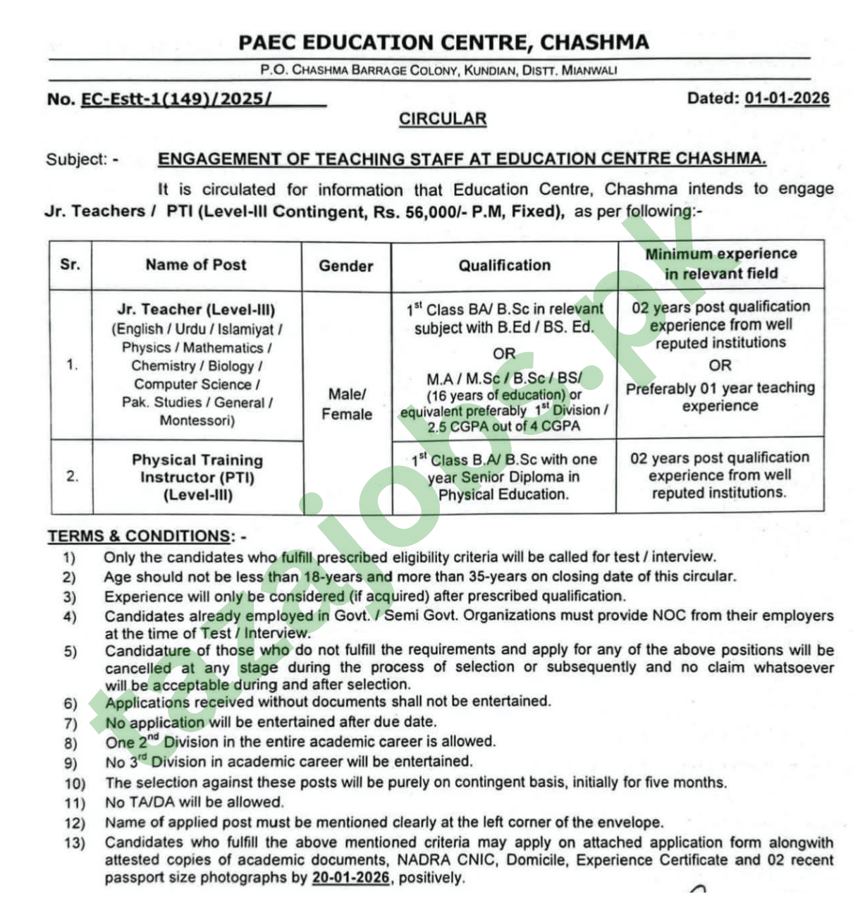 PAEC Education Centre 2026 Vacancies for Junior Teacher and PTI