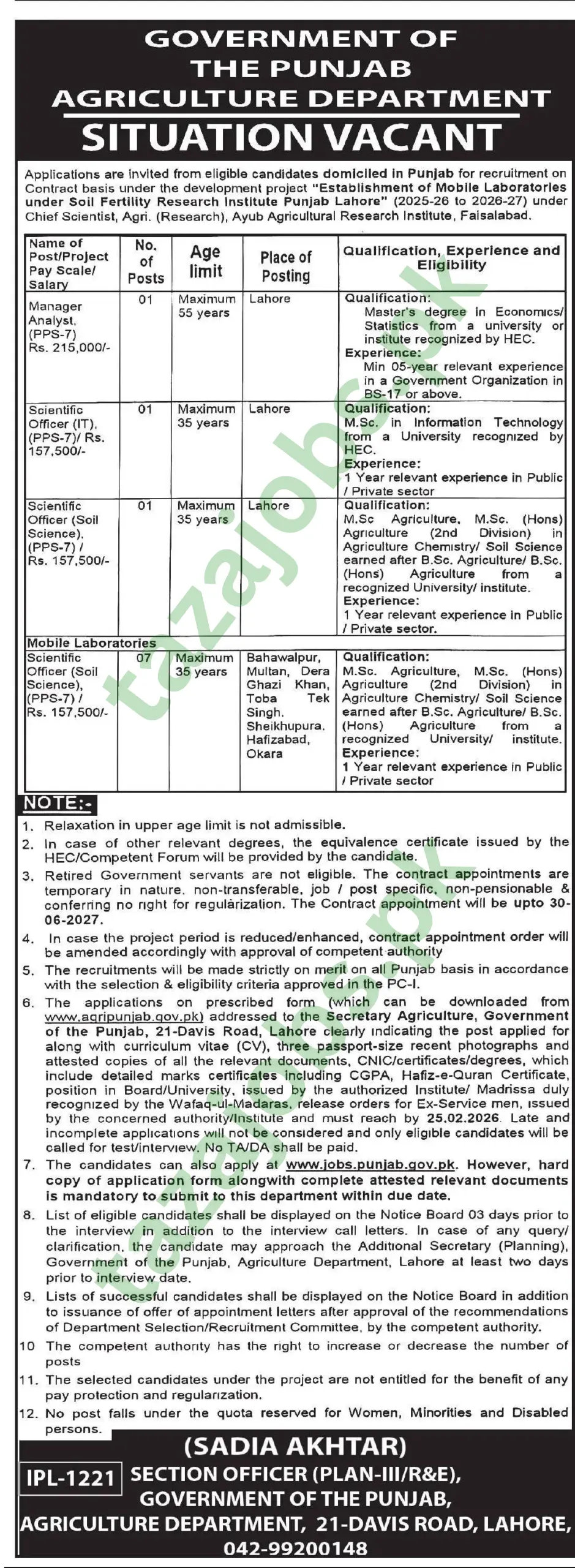 Agriculture Department Punjab Jobs 2026