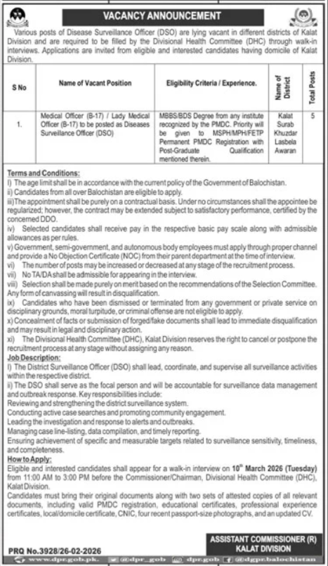 Disease Surveillance Officer Jobs 2026 At Kalat Balochistan