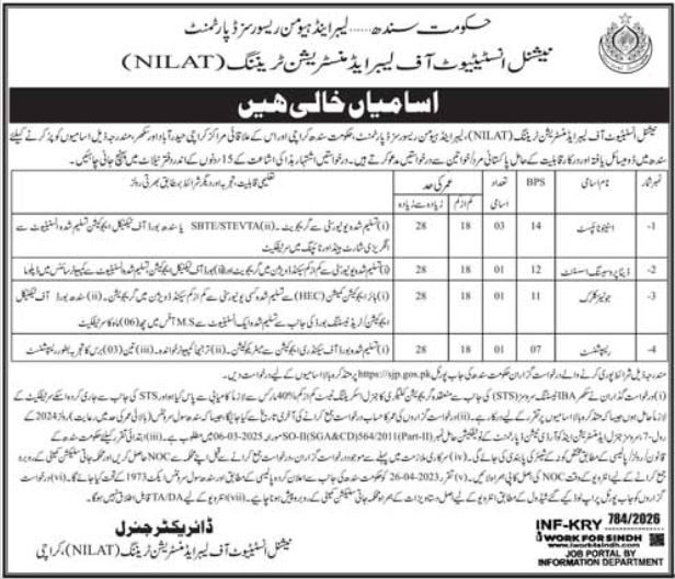 Government of Sindh NILAT Jobs 2026 For Assistant, Clerk And Other Staff