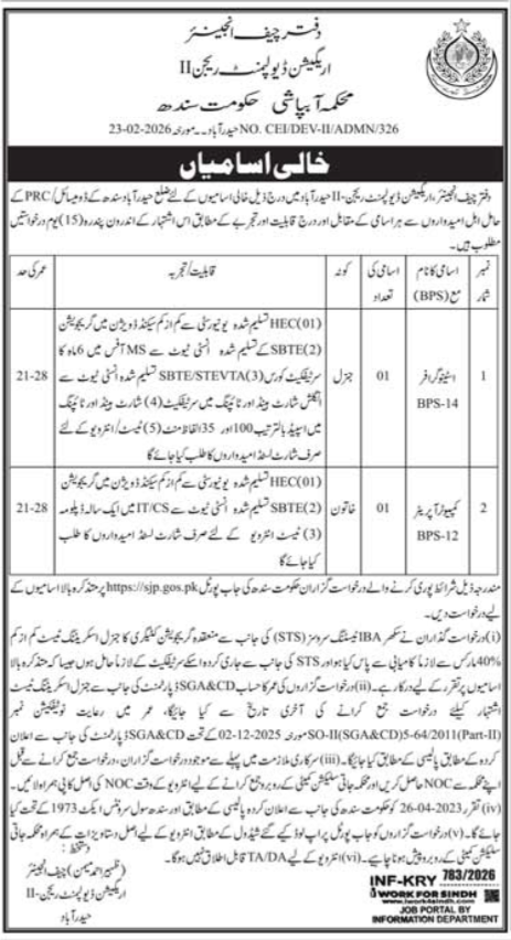 Hyderabad Sindh Irrigation Department Jobs 2026 For Stenographer And Computer Operator