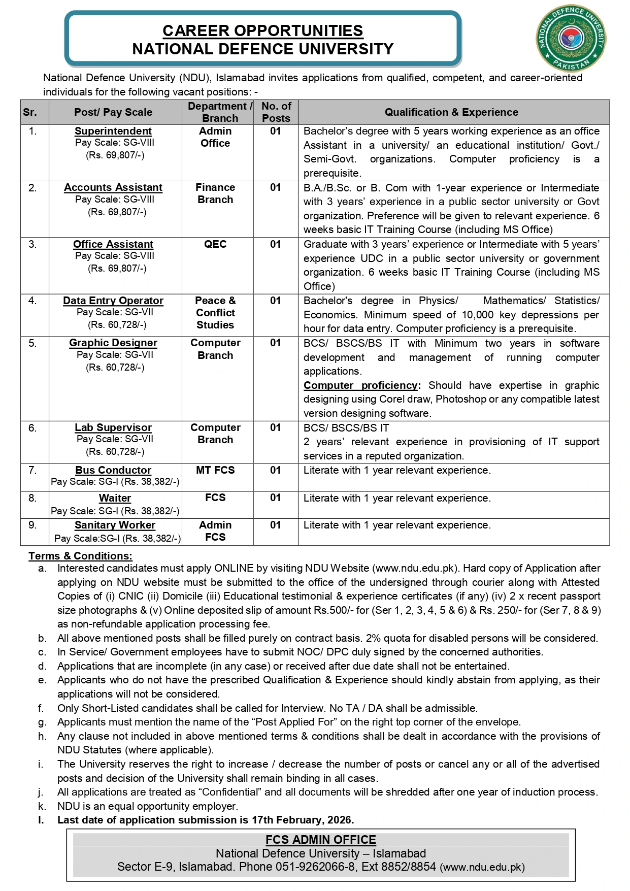 National Defence University Islamabad Jobs 2026 Latest