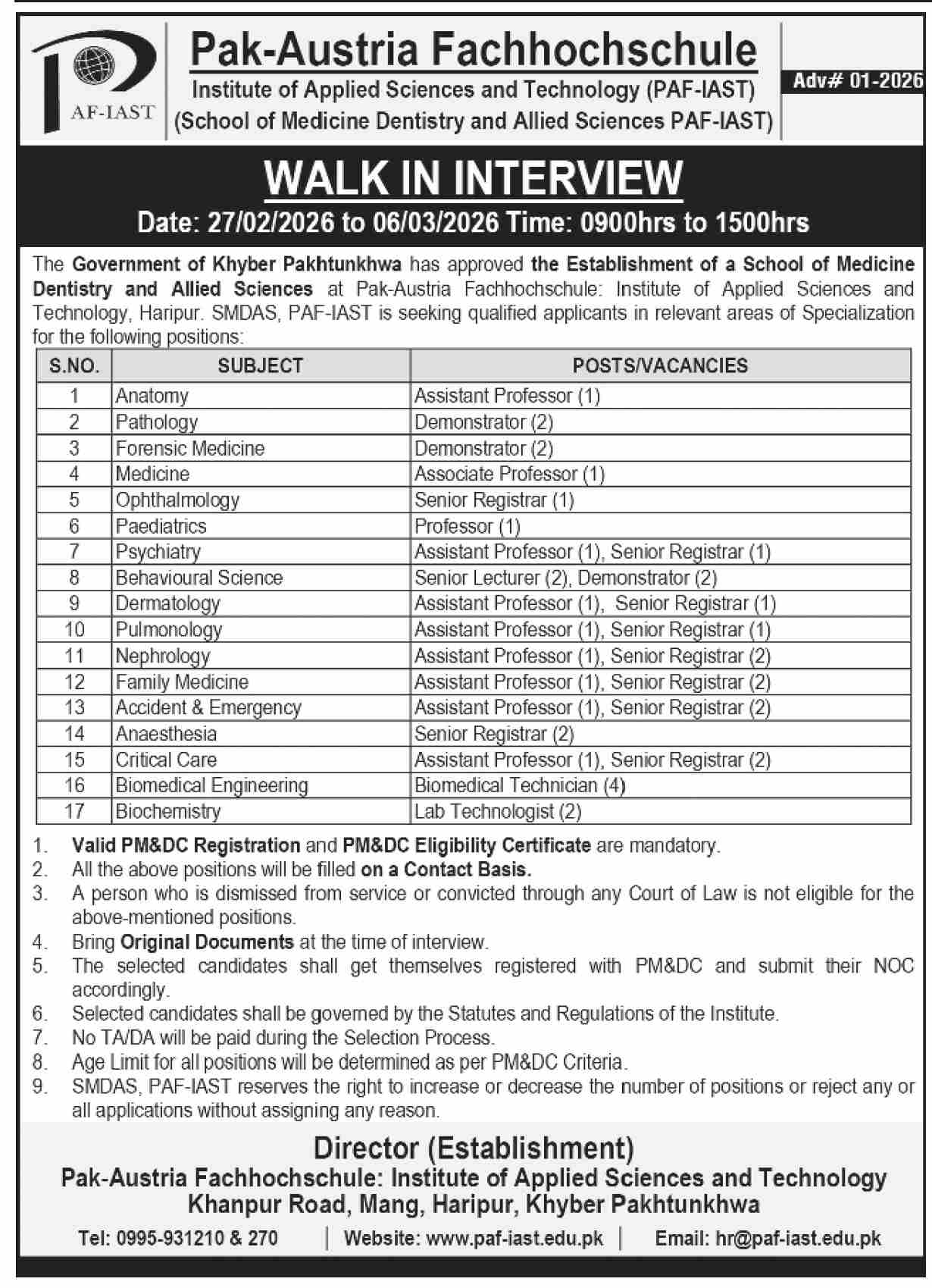 Pak Austria Fachhochschule Institute of Applied Sciences & Technology Education Interview Schedule 2026