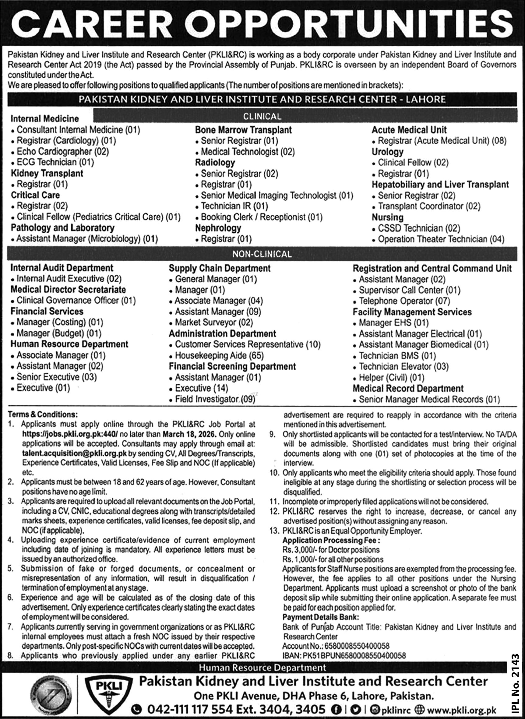 Pakistan Kidney and Liver Institute and Research Center Jobs 2026