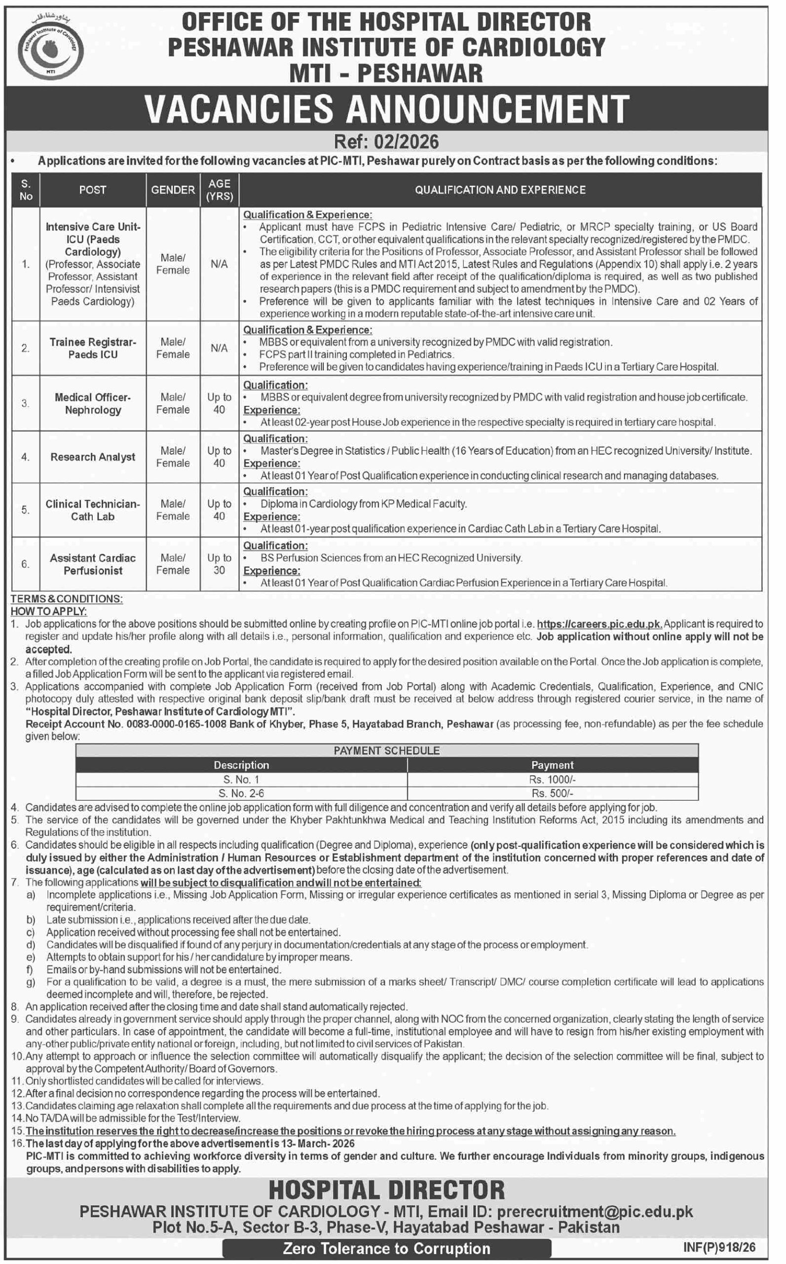 Peshawar Institute of Cardiology PIC Jobs 2026 For Medical Staff