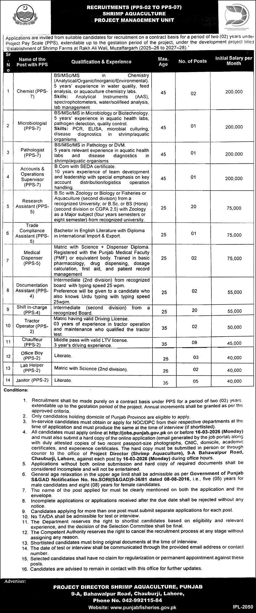Punjab Fisheries Department Jobs 2026 For Chemist, Microbiologist,Tractor Operator And Other Staff