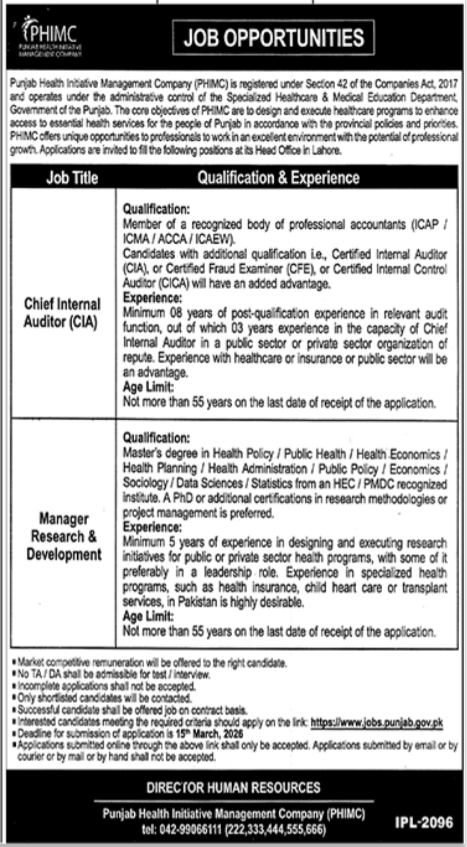 Punjab Health Initiative Management Company Jobs 2026 Lahore