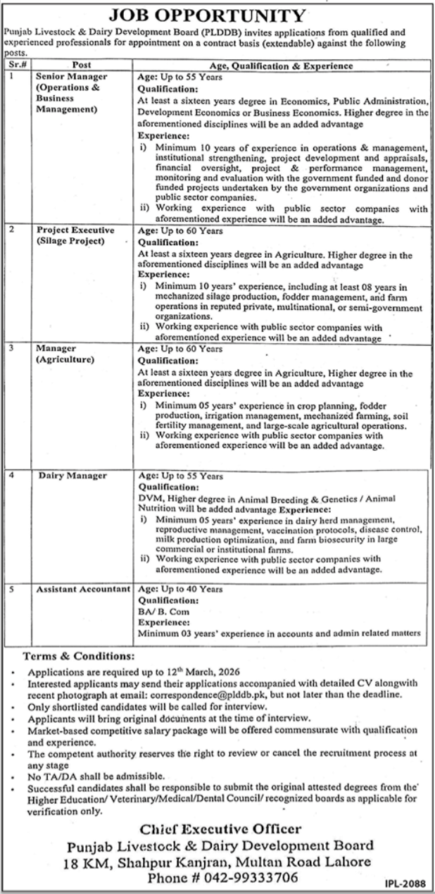 Punjab Livestock & Dairy Development Board PLDDB Jobs 2026 For Manager,Assistant And Other Staff