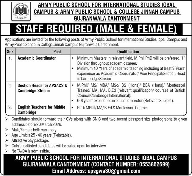 Army Public School for International Studies Iqbal Campus Gujranwala Announces Staff Vacancies 2026