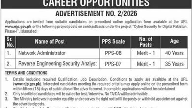 Government of Pakistan Cyber Security Jobs 2026 Network Administrator and Reverse Engineering Security Analyst Vacancies Announced