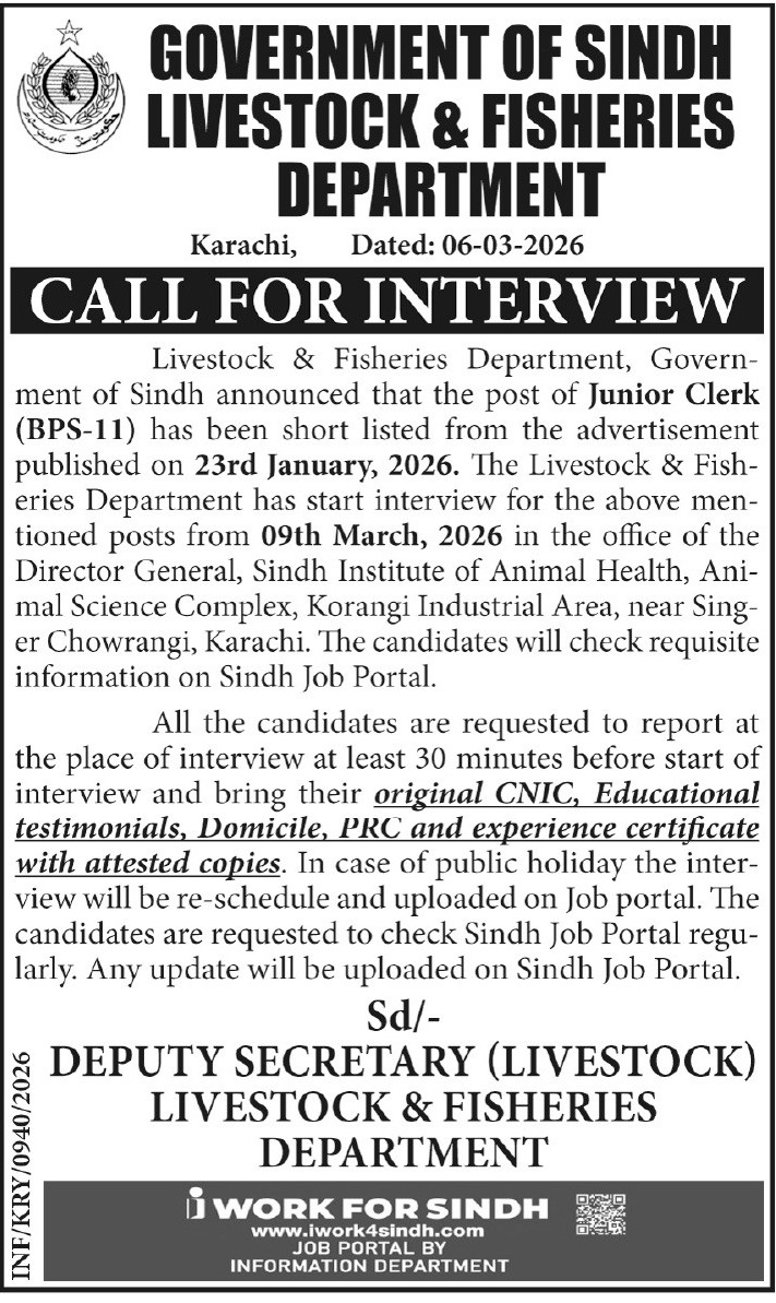 Government of Sindh Livestock & Fisheries Department Interview Call 2026 for Junior Clerk (BPS-11)