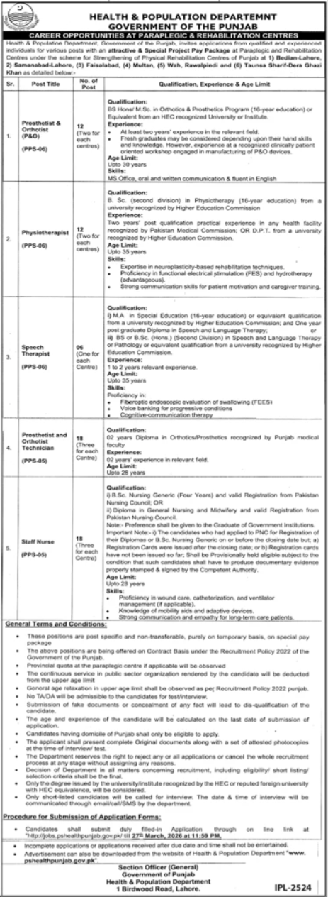 Health & Population Department, Government of the Punjab Jobs 2026 Nurses, Therapist And Other Staff