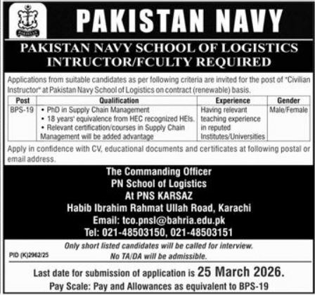 Pakistan Navy School of Logistics Jobs 2026 – Civilian Instructor BPS-19
