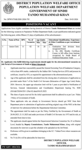 Population Welfare Department Jobs 2026 For Junior Clerk Vacancies