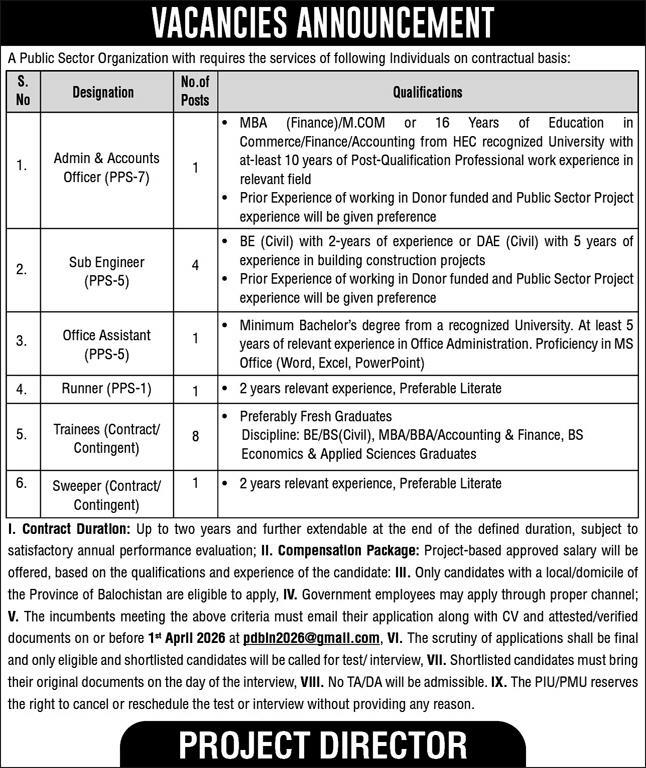 Public Sector Organization Jobs 2026 For Office Assistant, Accounts Officer and Other Staff