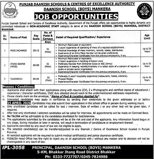 Punjab Daanish School Jobs 2026 for Non-Academic Staff