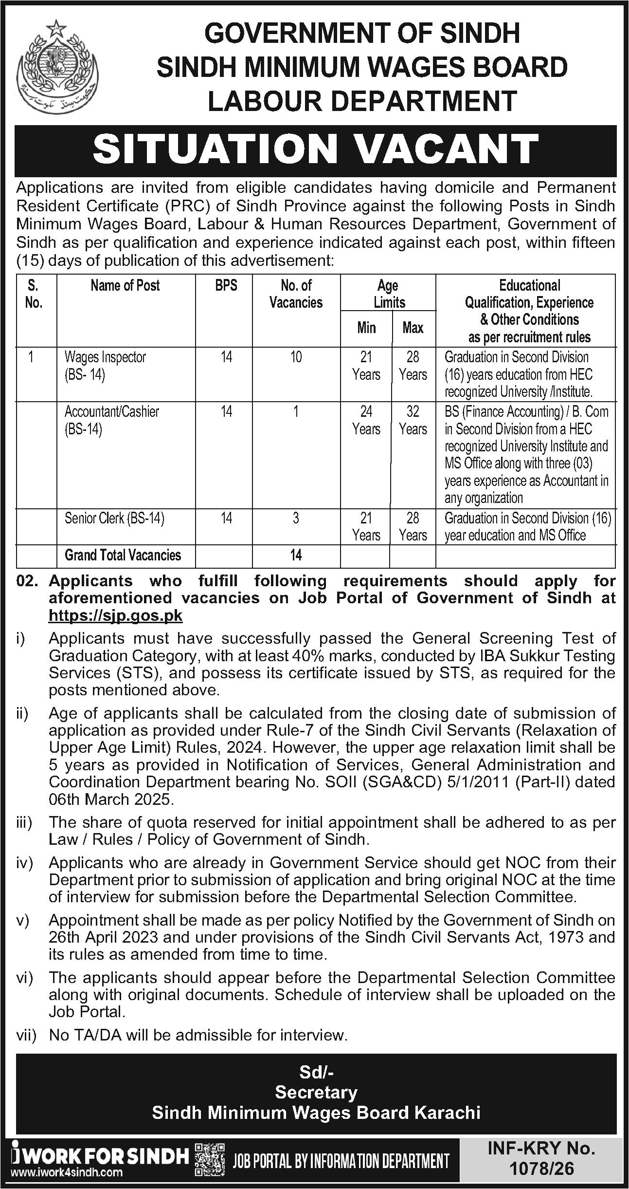 Sindh Minimum Wages Board Jobs 2026