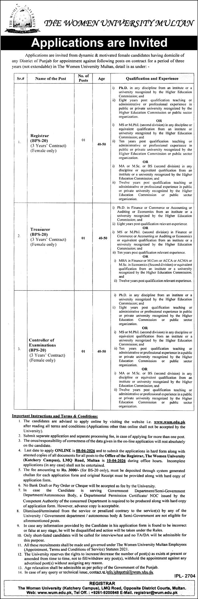 The Women University Multan Jobs 2026 – Apply Online for Registrar, Treasurer & Controller Positions