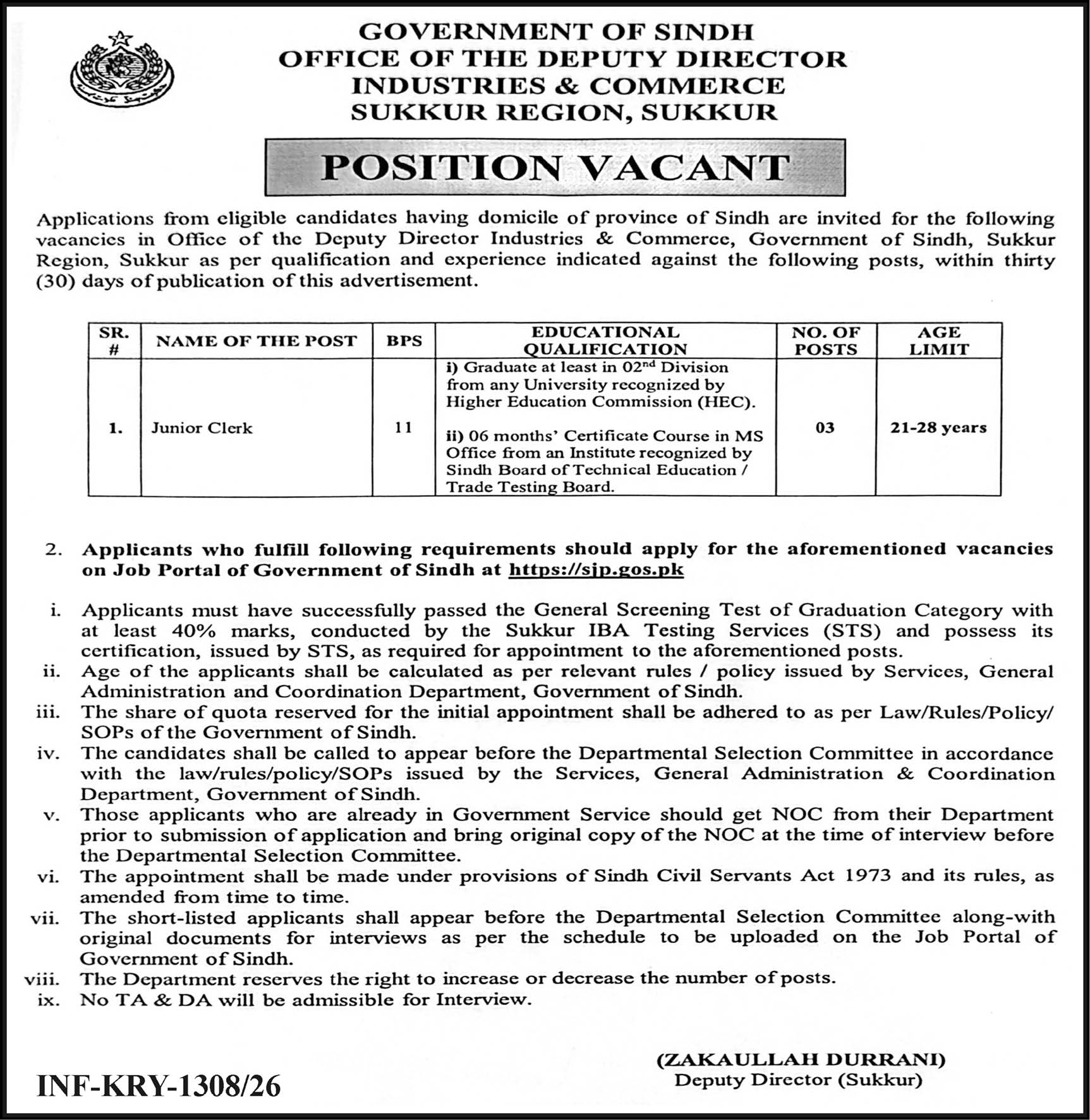 Junior Clerk Jobs 2026 Government of Sindh