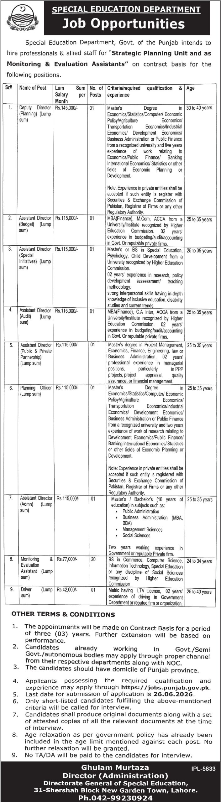 Special Education Department Punjab Jobs 2026 – Apply Online for Strategic Planning Unit and Monitoring & Evaluation Assistant Posts
The Special Education Department, Government of Punjab, has announced multiple contract-based career opportunities for qualified professionals and allied staff under the Strategic Planning Unit and Monitoring & Evaluation Wing. Eligible candidates holding Punjab domicile can apply online through the Punjab Government Jobs Portal before the closing date.
These vacancies offer attractive lump-sum salaries and provide an excellent opportunity for professionals in planning, finance, administration, special education, project management, and monitoring & evaluation fields.
Job Overview
Details Information
Organization Special Education Department, Government of Punjab
Job Type Contract Basis
Contract Duration 03 Years (Extendable on Performance)
Location Punjab, Pakistan
Total Vacancies 28
Application Method Online
Domicile Punjab
Last Date to Apply 26 June 2026
Official Portal jobs.punjab.gov.pk
Available Vacancies
Deputy Director (Planning)
Details Information
Posts 01
Salary Rs. 145,000 per month
Age Limit 30 to 40 Years
Required Qualification
Master's Degree in Economics, Statistics, Computer Science, Agricultural Economics, Transportation Economics, Industrial Economics, Development Economics, Business Administration, Public Finance, or related fields from a recognized university.
Minimum 5 years of relevant experience in economic planning, development, public finance, banking, statistics, or related sectors.
Assistant Director (Budget)
Details Information
Posts 01
Salary Rs. 115,000 per month
Age Limit 25 to 35 Years
Qualification & Experience
MBA Finance, M.Com, or ACCA.
Degree from HEC-recognized institution.
Minimum 2 years experience in budgeting, accounting, or auditing in government or reputable private organizations.
Assistant Director (Special Initiatives)
Details Information
Posts 01
Salary Rs. 115,000 per month
Age Limit 25 to 35 Years
Qualification & Experience
Master's or BS in Special Education, Psychology, or Child Development.
Minimum 2 years experience in research, policy development, assessment, and teaching methodologies.
Strong knowledge of inclusive education, disability studies, and modern educational practices.
Assistant Director (Audit)
Details Information
Posts 01
Salary Rs. 115,000 per month
Age Limit 25 to 35 Years
Qualification & Experience
MBA Finance, CA Inter, or ACCA.
At least 2 years experience in auditing, budgeting, or accounting.
Assistant Director (Public Private Partnership)
Details Information
Posts 01
Salary Rs. 115,000 per month
Age Limit 25 to 35 Years
Qualification & Experience
Master's Degree in Project Management, Economics, Finance, Engineering, Law, or Business Administration.
Minimum 2 years professional experience in PPP projects, project appraisal, quality assurance, managerial positions, or financial management.
Planning Officer
Details Information
Posts 01
Salary Rs. 115,000 per month
Age Limit 25 to 35 Years
Qualification & Experience
Master's Degree in Economics, Statistics, Computer Science, Agricultural Economics, Transportation Economics, Industrial Economics, Development Economics, Business Administration, Public Finance, or related disciplines.
Two years experience in development economics, planning, finance, statistics, or research-related fields.
Assistant Director (Administration)
Details Information
Posts 01
Salary Rs. 115,000 per month
Age Limit 25 to 35 Years
Qualification & Experience
Master's or Bachelor's Degree (16 Years Education) in:
Public Administration
Business Administration (MBA/BBA)
Management Sciences
Social Sciences
Minimum 2 years working experience in government or reputable private organizations.
Monitoring & Evaluation Assistant
Details Information
Posts 20
Salary Rs. 77,000 per month
Age Limit 24 to 34 Years
Qualification & Experience
BS Degree in Commerce, Computer Science, Information Technology, Special Education, or any Social Sciences discipline.
Degree must be recognized by the Higher Education Commission (HEC).
Driver
Details Information
Posts 01
Salary Rs. 42,000 per month
Age Limit 25 to 40 Years
Qualification & Experience
Matric qualification.
Valid LTV Driving License.
Minimum 2 years driving experience in a government department, organization, or reputable firm.
Eligibility Criteria
Applicants must fulfill the following requirements:
Must possess Punjab domicile.
Must meet the prescribed educational qualifications.
Relevant experience is mandatory where required.
Experience from private organizations will be accepted if the organization is registered with the Securities and Exchange Commission of Pakistan (SECP), Registrar of Firms, or another regulatory authority.
Terms and Conditions
Appointments will be made on a contract basis for three years.
Contract extension may be granted based on performance.
Government, semi-government, and autonomous body employees may apply through proper channel with NOC.
Only shortlisted candidates will be invited for interviews.
Candidates must present original documents and attested copies at the time of interview.
Age relaxation has already been included according to government policy.
No TA/DA will be provided for interviews.
How to Apply
Eligible candidates can submit their applications online through the Punjab Government Job Portal.
Application Process
Visit the Punjab Jobs Portal.
Complete the online application form.
Upload the required educational and experience documents.
Submit the application before the deadline.
Last Date to Apply
The last date for submission of online applications is:
26 June 2026
Applications received after the closing date will not be entertained.
Contact Information
Director (Administration)
Directorate General of Special Education
31-Shershah Block, New Garden Town, Lahore
Phone: 042-99230924
Conclusion
The Special Education Department Punjab Jobs 2026 offer excellent career opportunities for professionals in planning, administration, finance, special education, monitoring and evaluation, and project management. With competitive salaries and multiple vacancies available, eligible candidates are encouraged to apply online before 26 June 2026 to secure a position in this important government department.
